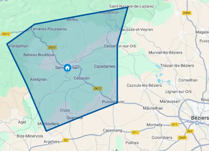 Carte des zones desservies en kinésithérapie à domicile autour de Saint-Chinian